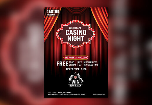 Casino Night, Editable Flyer with Red Curtain and Classic Theme for Advertisements.