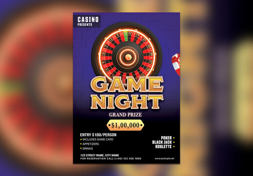 Game Night Casino Editable Flyer with Roulette Wheel and Gambling Elements for Advertising.