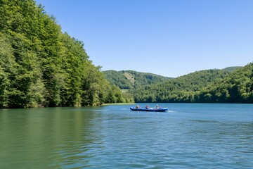Fototapeta premium Raft in serene waters, lush forest surrounds. Blue sky above