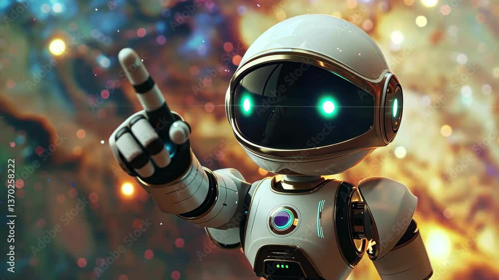 Poster a small robot with a shiny exterior is reaching out a finger, seemingly pointing toward a colorful s