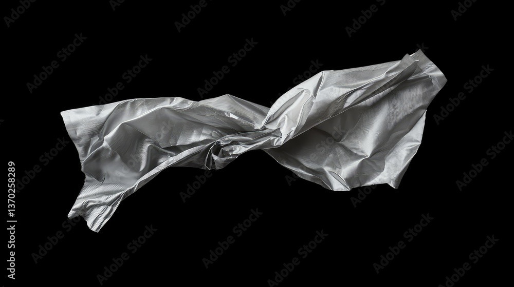 Poster crumpled silver metallic fabric floating in air with contrasting black background, showcasing unique