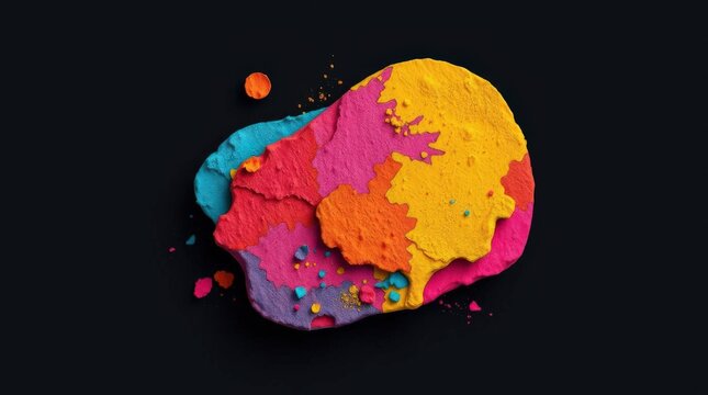 Vibrant Colorful Powder Fragments Displaying a Rich Palette of Pink, Yellow, Blue, and Orange against a Dark Background
