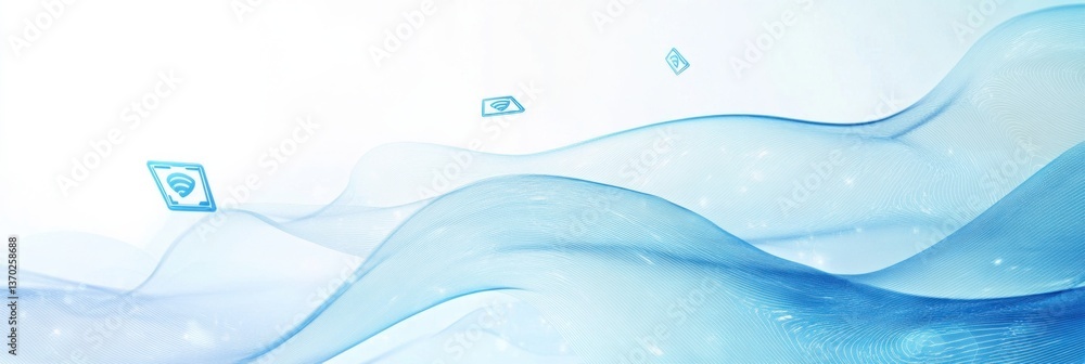 Aufkleber Modern digital waves with floating transaction icons in a sleek blue and white color scheme create a vibrant and engaging background for technological themes