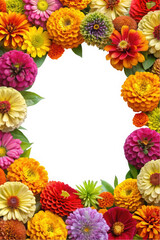 Obraz premium A vibrant floral frame composed of bright zinnias, marigolds, and daisies in various colors, radiating joy and beauty, perfect for invitations or seasonal greetings.