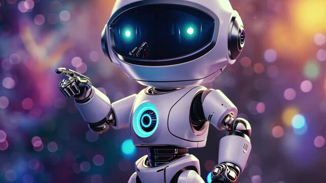 A charming robot with a shiny exterior and expressive blue lights stands in a vibrant cosmic environment, playfully pointing as if to guide onward through the universe.