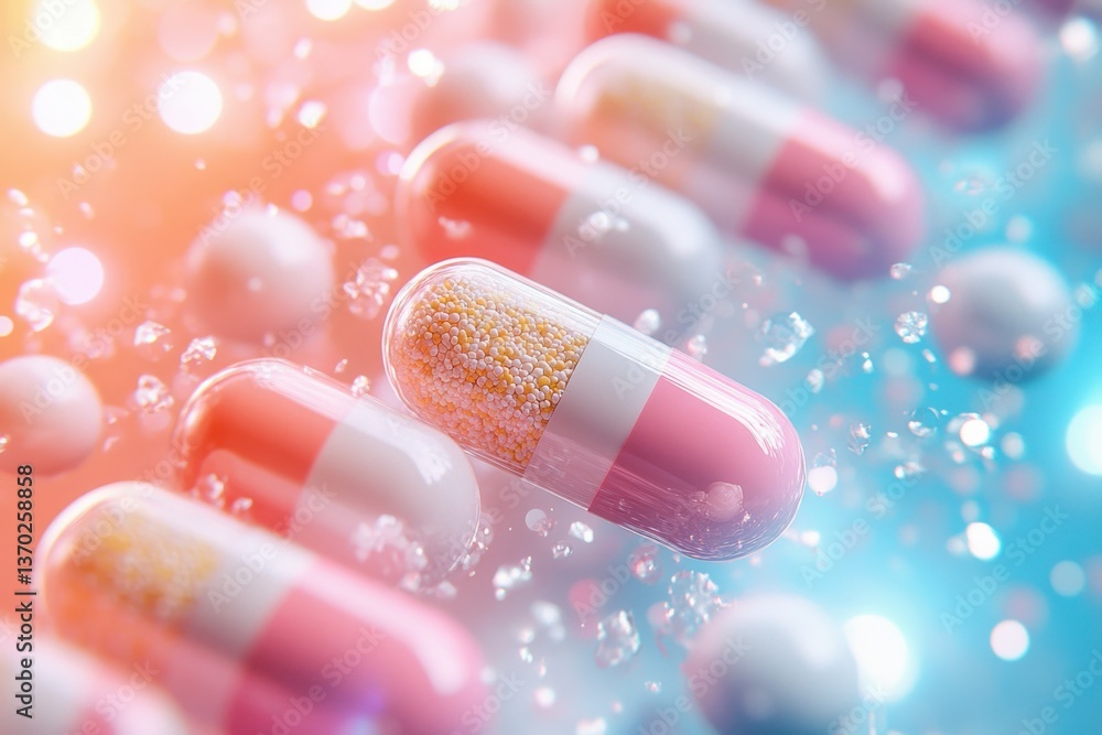 Poster colorful capsules with vibrant colors and textures floating in a dynamic background