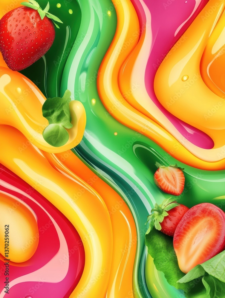 Aufkleber Dynamic flow of fresh groceries in vibrant colors with smooth gradients presenting a lively abstract composition Generative AI