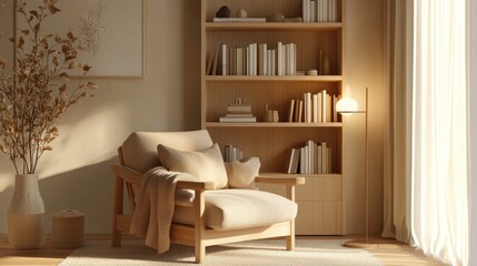 Cozy reading nook with warm tones