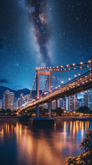 Fototapeta premium Starry Night Sky Over a Lit Suspension Bridge