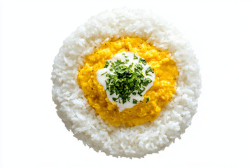 a plate of rice with a dollop of sour cream and chives