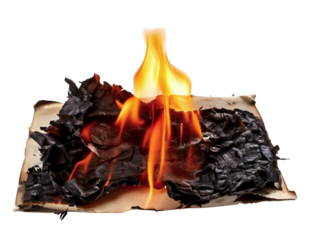 Intense flames engulf and consume a sheet of paper, leaving behind charred remains. A powerful visual metaphor for destruction, loss, or the ephemeral nature of information.