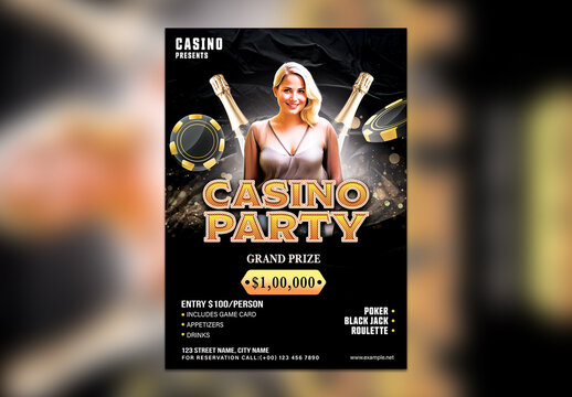 Elegant Casino Party Flyer with Blonde Female Model, Editable Design for Advertisement.