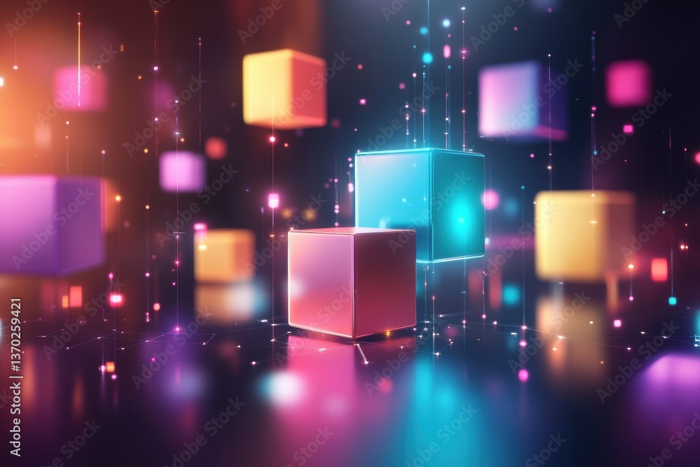 Poster Futuristic minimalism featuring floating colorful 3D cubes with soft reflections and vibrant neon gradients in a digital landscape