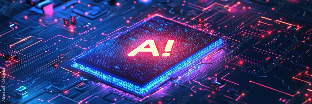 Poster glowing ai cpu chip on circuit board