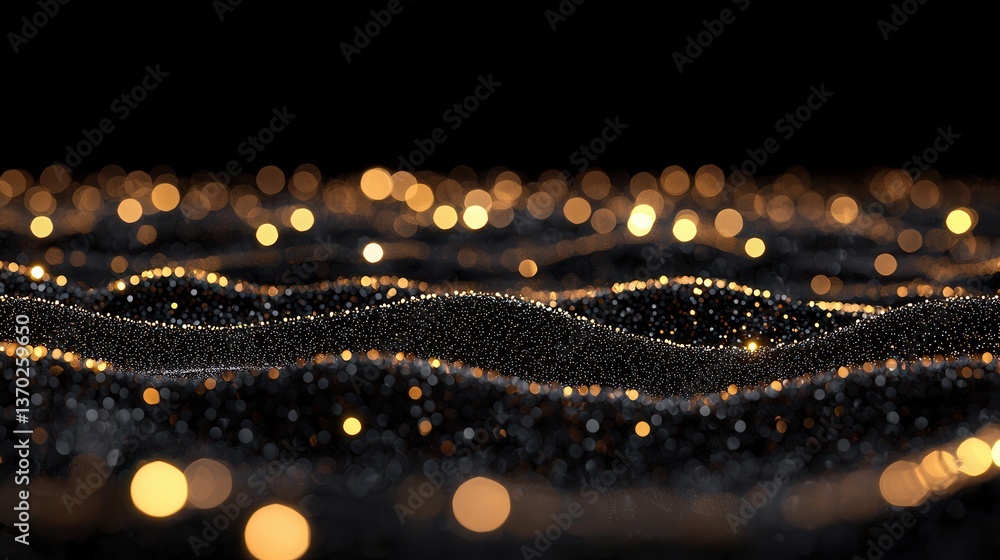 Poster abstract background with floating golden bokeh lights and shimmering particle waves, festive celebra