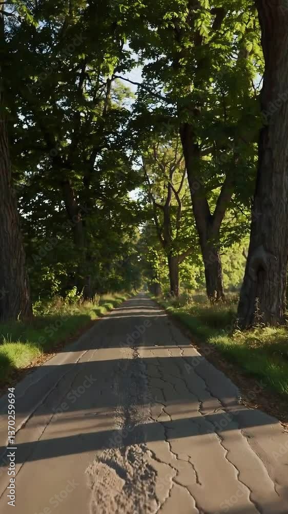 Poster sunlit path under canopy of trees with gentle breeze creating dancing shadows