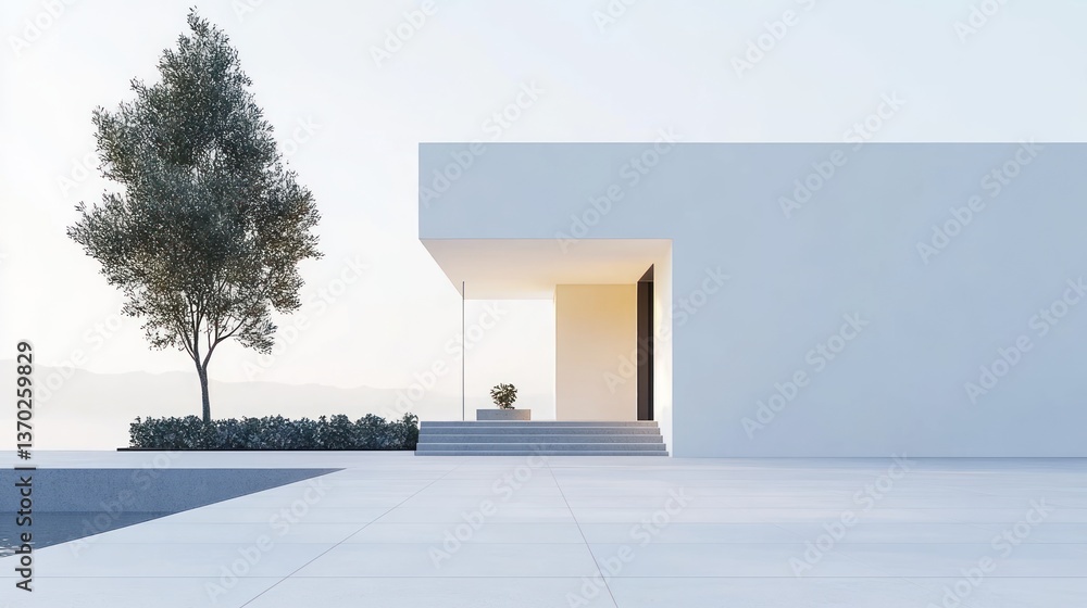 Poster modern white house with pool and tree, minimalist architecture design.