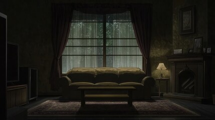 Dark living room interior at night with rain. Possible use Stock photo for interior design or dark mood