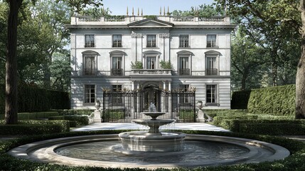 Elegant mansion with manicured gardens and fountain