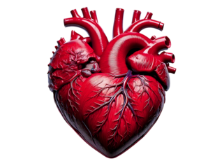Intricate anatomical heart model, vibrant red, detailed vessels.  Powerful symbol of health, love, and life.  Ideal for medical,  health, and Valentines Day projects.