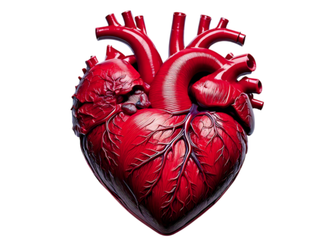 Intricate anatomical heart model, vibrant red, detailed vessels.  Powerful symbol of health, love, and life.  Ideal for medical,  health, and Valentines Day projects.