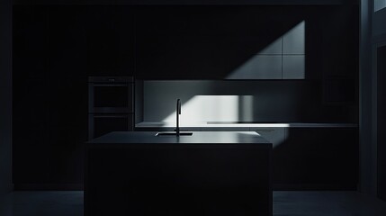 Modern kitchen interior, sunlight, dark cabinets