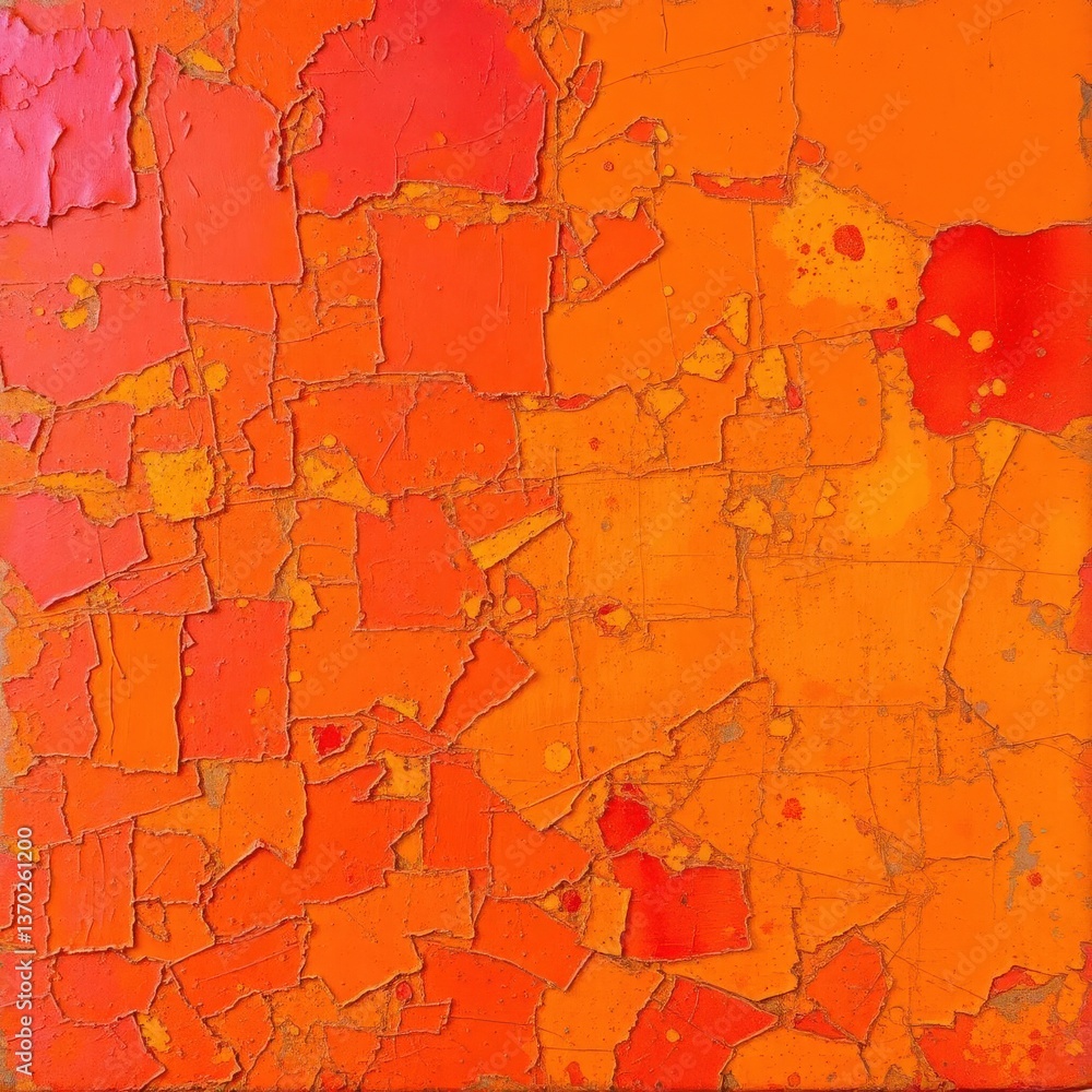 Poster abstract colorful texture featuring a mosaic of cracked orange and red paint chips on a background, 