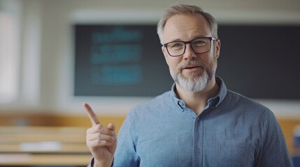 Confident Senior Teacher Explaining a Lesson in a Classroom with a Blackboard Background