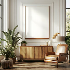 An empty rectangular frame mockup hanging on the wall of a living room,