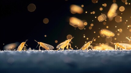 Naklejka premium Close up of Insects at Night, Tiny insects on a surface with bokeh lights.