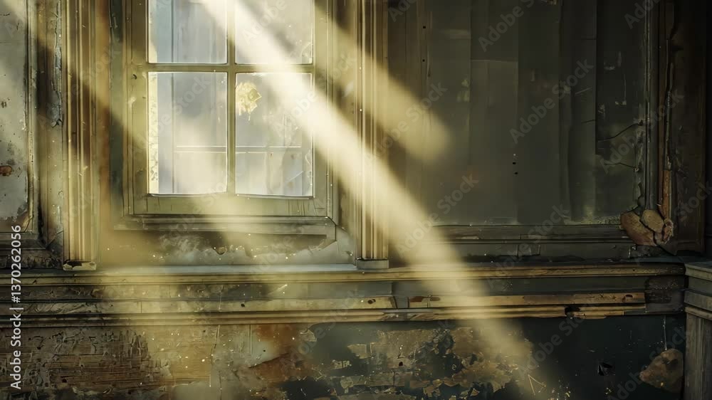 Aufkleber golden rays of sunlight filter through a weathered window, casting light on floating dust particles 