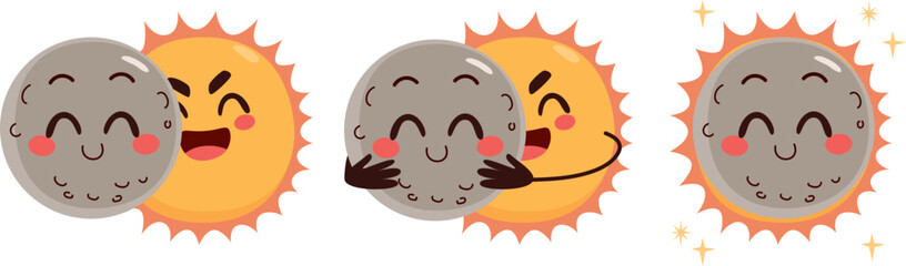 Cute sun and cheerful moon on solar eclipse process vector illustration. Funny Infography for astronomy or educational material