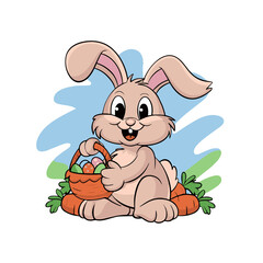 Happy Cartoon Easter Bunny, cheerful, sitting with basket of eggs against abstract nature background