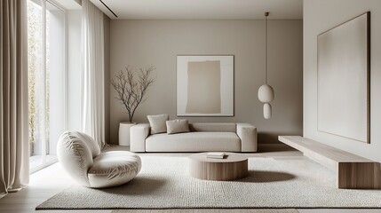 Serene minimalist interior featuring neutral tones clean lines soft natural lighting evoking sense of calm balance Scandinavian style furniture modern aesthetic emphasizing functionality simplicity