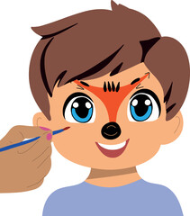 A cheerful child’s face painted with vibrant colors, featuring a playful design. Perfect for themes of childhood, fun, and face painting events.


