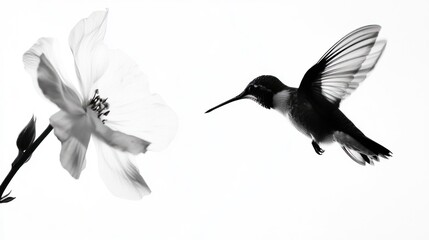 Obraz premium Monochrome hummingbird in flight approaching a flower.