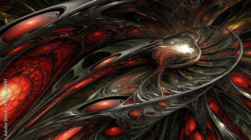 Poster intricate abstract art with red and black swirling patterns