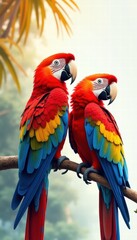 Fototapeta premium Vibrant pair of macaws perched on a branch, showcasing their stunning red, blue, and green plumage against a lush, blurred background.