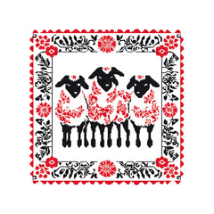 Fototapeta premium Three Black Sheep Adorned with Red Flowers in a Decorative Frame