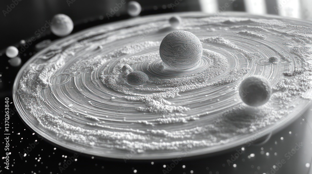 Aufkleber monochrome miniature model of a solar system with planets orbiting a central star.