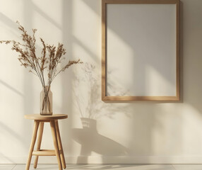 An empty wooden frame mockup hanging on the wall, placed next to an elegant side table with dried flowers in it