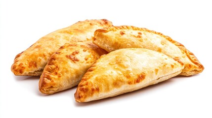 Golden baked empanadas on white background, studio shot, food photography, recipe illustration