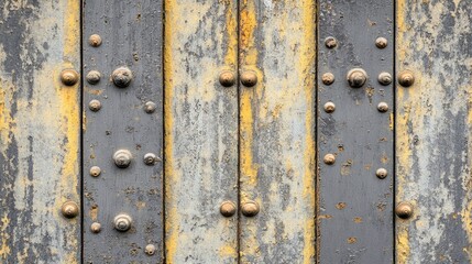 Fototapeta premium Rustic Weathered Door with Metal Rivets and Yellow Accents