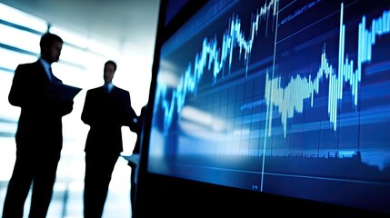 Business Professionals Analyzing Data on Digital Screen Display