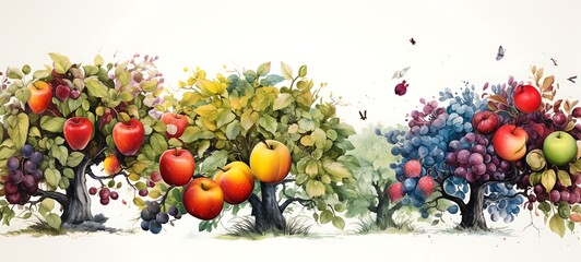 White background with drawings of colorful apple Garden for children, ai generative