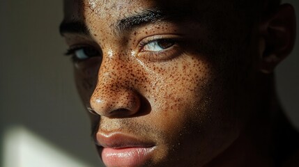 Fototapeta premium a close-up of a young man with vitiligo, his face beautifully illuminated by soft, natural light, showcasing the unique patterns on his skin.