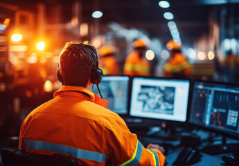 Fototapeta premium A worker in a high-visibility jacket monitors multiple screens in the control room. Colleagues in safety gear work in the background, highlighting a collaborative safety management effort