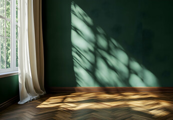 Dark green wall with a parquet floor, a curtain on the left side, no furniture, window light, minimalistic, ultra-realistic photography