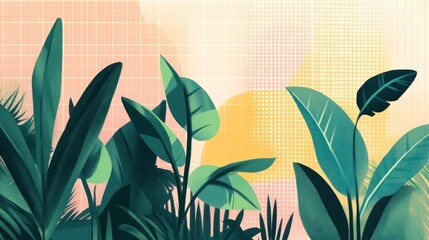 Abstract illustration of lush tropical plants, with soft pastel colors and geometric patterns.