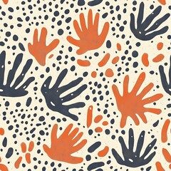 Fototapeta premium Abstract Handprint Pattern Beige Orange and Teal Seamless Design
